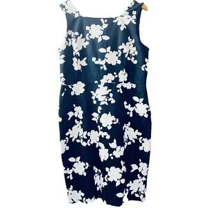 Talbots Dress 16 Sleeveless Sheath Navy White Floral Embossed Cotton NWOT